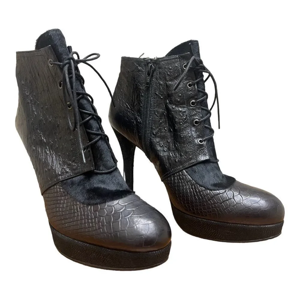 Stuart Weitzman Black Melange Leather Fur Stiletto Ankle Booties Sz 9.5 EUC